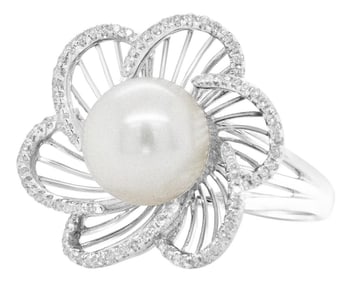 14K White Gold 11mm Round Pearl and 1/3 Cttw Round Diamond Openwork Flower Blossom Ring (H-I Color,