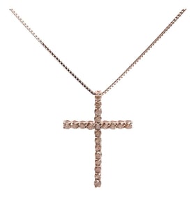 14K Rose Gold Plated .925 Sterling Silver 1.0 Cttw Champagne Diamond Gold Cross Pendant Necklace for