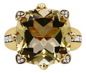 18K Yellow Gold 15x15mm Cushion Cut Lemon Quartz and 1/4 Cttw Diamond Accented Cocktail Ring (F-G Co