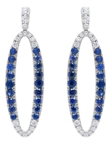 18K White Gold 1.11 Cttw Blue Round Diamond and Blue Sapphire Openwork Oval Shaped Dangle Earrings (