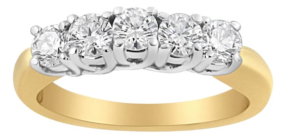 18K Yellow Gold 1.0 Cttw 4 Prong Set Round Cut Diamond Step up 5 Stone Ring Band (F-G Color, SI1-SI2