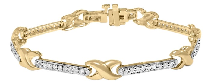 10K Yellow Gold 1.00 Cttw Pave Set Diamond Bar and X-Link 7" Bracelet (I-J Color, I3 Quality)