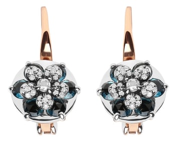 18K Rose and White Gold 1/3 Cttw Round Diamonds and Round London Blue Topaz Gemstone Cluster Floral