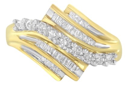 10K Yellow Gold Round and Baguette Diamond-Cut Ring (1/2 Cttw, I-J Color, I1-I2 Clarity) - Size 9-1/