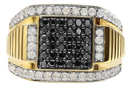 Men's 14K Yellow Gold Plated .925 Sterling Silver 1 1/2 Cttw White and Black Treated Diamond Cluster