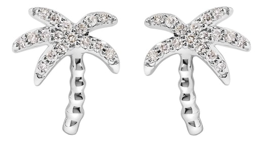 10K White Gold 1/10 Cttw Diamond Encrusted Palm Tree Stud Earrings (H-I Color, I1-I2 Clarity)
