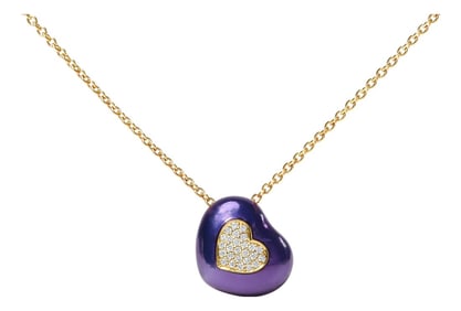 18K Yellow Gold Blue Enamel 1/10 Cttw Round Pave Diamonds Heart Shape 18" Pendant Necklace (G-H Colo