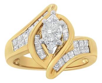 14K Yellow Gold Princess, Baguette, and Pie cut Diamond Marquise Shaped Ring (1 1/4 Cttw, G-H Color,