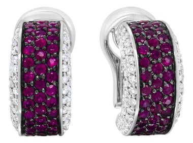 18K White Gold and Black Rhodium Plated 3/4 Cttw Round Diamonds and 1mm Round Red Ruby Huggie Hoop E