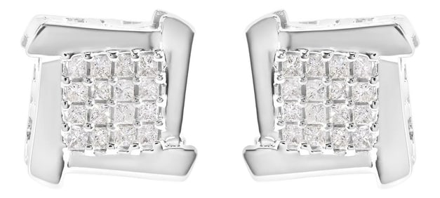 10K White Gold 1/2 Cttw Composite Princess Diamond Square and Swirl Stud Earrings (I-J Color, I1-I2