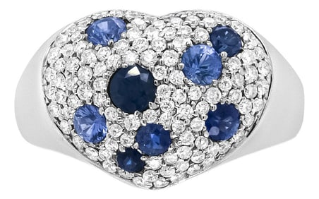 18K White Gold Blue Sapphire and 5/8 Cttw Diamond Cluster Heart Shaped Ring (F-G Color, VS1-VS2 Clar