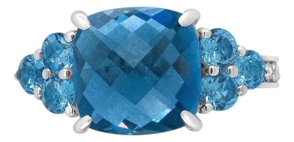 18K White Gold 10mm Cushion Shaped Blue Topaz and 1/6 Cttw Diamond 3 Stone Style Ring (F-G Color, VS