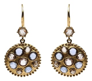 18K Yellow Gold 1 2/3 Cttw Diamond and Blue Sapphire Bezel Set Gemstone Cluster Medallion Dangle Ear