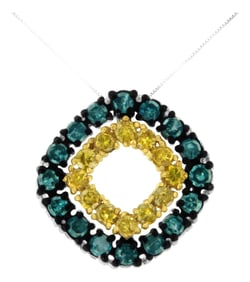 .925 Sterling Silver 1/2 Cttw Treated Blue and Yellow Diamond Double Square 18" Pendant Necklace (Bl