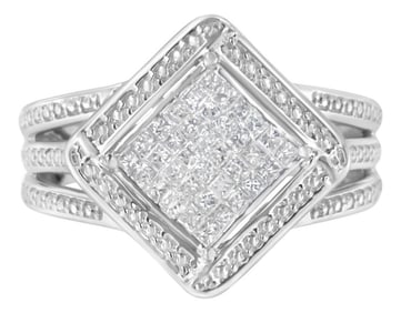 .925 Sterling Silver 2/5 Cttw Princess Cut Diamond Square On Point Cluster Composite Cocktail Ring (