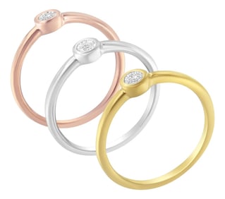Tri-Color 14K Gold Plated .925 Sterling Silver 1/6 Cttw Round Miracle-Set Diamond Stacking Promise R