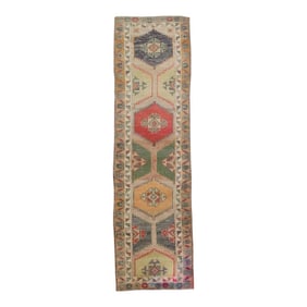 1960s Multicolor Geometric Design Handwoven Wool Vintage Turkish Runner 2'9" X 9'10"