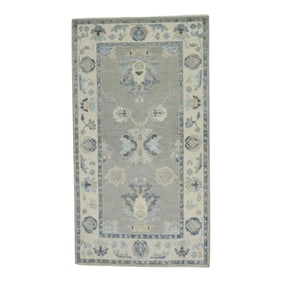 Early 21st Century Gray & Blue Floral Design Handwoven Wool Turkish Oushak Rug 2'9" X 4'11"