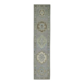 Early 21st Century Taupe & Brown Geometric Design Handwoven Wool Turkish Oushak Rug 2'9" X 12'10"