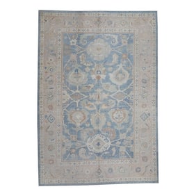 Early 21st Century Blue Floral Design Handwoven Wool Turkish Oushak Rug 10'3" X 14'9"