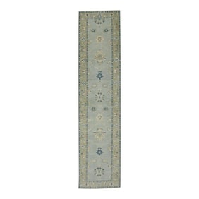 Early 21st Century Blue & Green Floral Design Handwoven Wool Turkish Oushak Runner 2'11" X 13'