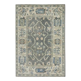 Early 21st Century Gray Floral Design Handwoven Wool Turkish Oushak Rug 4' X 5'10"