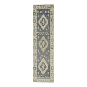 Early 21st Century Charcoal Geometric Design Handwoven Wool Turkish Oushak Rug 2'6" X 9'5"