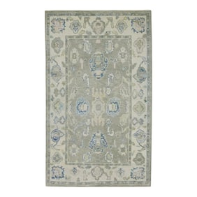 Early 21st Century Green & Blue Floral Design Handwoven Wool Turkish Oushak Rug 3'10" X 6'6"