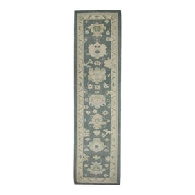Early 21st Century Green Floral Design Handwoven Wool Turkish Oushak Rug 3'2" X 11'10"