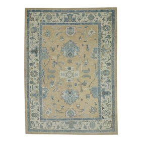 Early 21st Century Early 21st Century Yellow & Blue Floral Design Handwoven Wool Turkish Oushak Rug