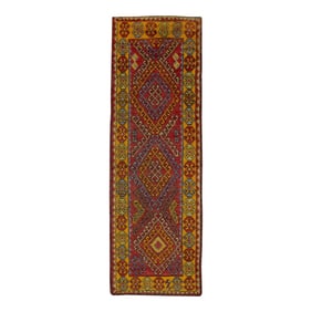 1960s Red & Yellow Geometric Design Handwoven Wool Vintage Turkish Runner 3'4" X 10'3"