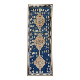 1960s Blue & Pink Geometric Design Handwoven Wool Vintage Turkish Runner 3'7" X 9'10"