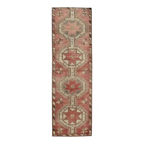 1960s Red Geometric Design Handwoven Wool Vintage Turkish Runner 3'1" X 10'