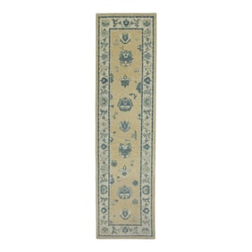 Early 21st Century Yellow & Blue Floral Design Handwoven Wool Turkish Oushak Rug 2'11" X 10'8"