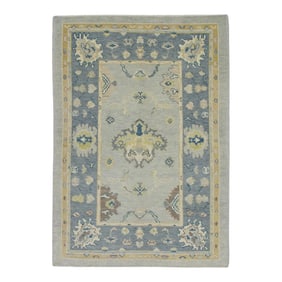Early 21st Century Blue Floral Design Handwoven Wool Turkish Oushak Rug 4' X 6'1"
