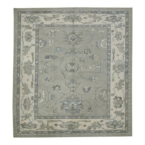 Early 21st Century Gray Floral Design Handwoven Wool Turkish Oushak Rug 8'11" X 9'9"