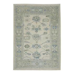 Early 21st Century Green & Blue Floral Design Handwoven Wool Turkish Oushak Rug 6'2" X 8'