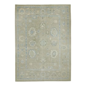 Early 21st Century Green & Blue Floral Design Handwoven Wool Turkish Oushak Rug 8'1" X 10'7"