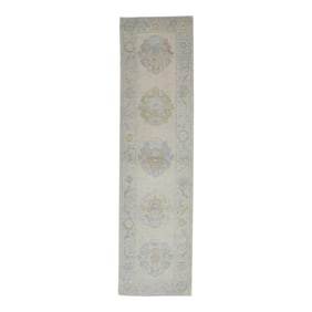 Early 21st Century Cream Multicolor Floral Design Handwoven Wool Turkish Oushak Rug 2'8" X 10'