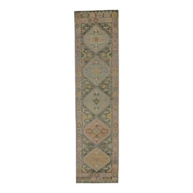 Early 21st Century Pink Multicolor Geometric Design Handwoven Wool Turkish Oushak Runner 3' X 12'3"