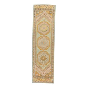 Early 21st Century Pink & Blue Handmade Modern Turkish Oushak Runner 3' X 10'6"