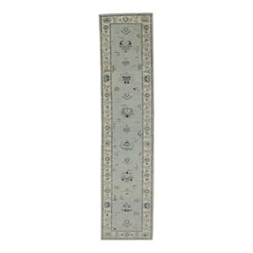 Early 21st Century Blue Floral Design Handwoven Wool Turkish Oushak Runner 2'10" X 12'3"