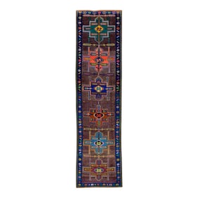 1960s Colorful Geometric Design Handwoven Wool Vintage Turkish Runner 3' X 11'10"