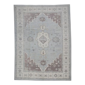 Early 21st Century Blue & Mauve Geometric Design Handwoven Wool Turkish Oushak Rug 9'11" X 12'4"