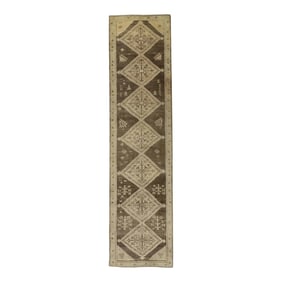 1960s Brown Geometric Design Handwoven Wool Vintage Turkish Oushak Runner 2'10" X 11'3"