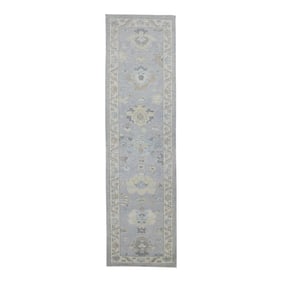 Early 21st Century Blue & Green Floral Design Handwoven Wool Turkish Oushak Rug 2'9" X 10'
