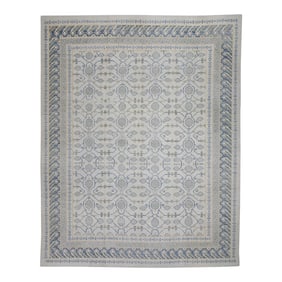 Early 21st Century Cream & Blue Geometric Design Handwoven Wool Turkish Oushak Rug 12' X 14'6"