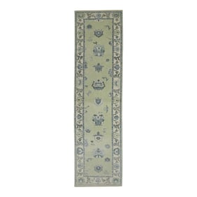 Early 21st Century Green & Blue Floral Design Handwoven Wool Turkish Oushak Rug 2'11" X 10'8"