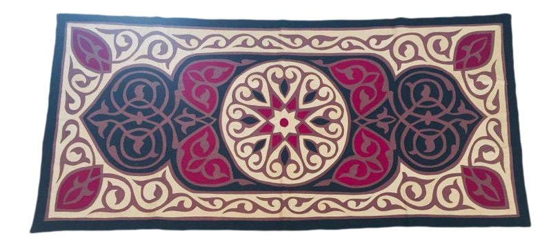 Late 20th Century Vintage Middle Eastern Suzani Quilted Turkish Textile-2'10" x 5'5": Middle Eastern end of the bed quilted textile with appliqué, elegant Moorish design in black, deep red and beige. Ideal to use as a tablecloth on a centre or console table, on the back of a sofa