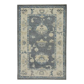 Early 21st Century Gray & Blue Floral Design Handwoven Wool Turkish Oushak Rug 3'10" X 6'2"